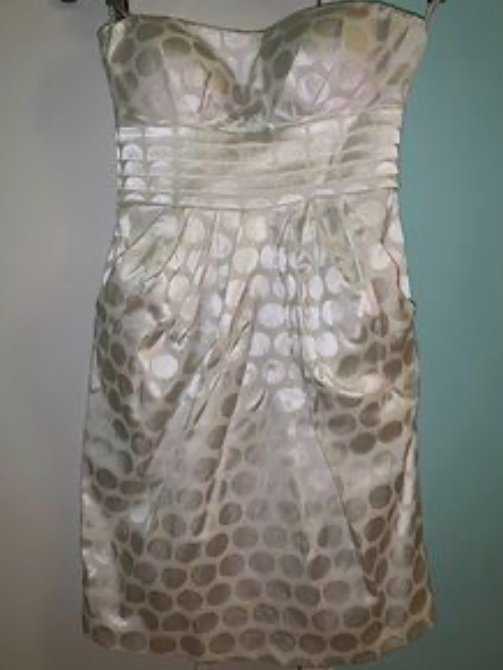 Snap Strapless Polka Dot Satin Dress in white with pockets